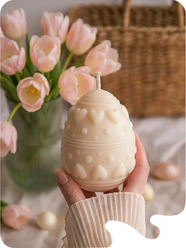 Bougie décorative en forme d’œuf de Pâques avec motifs cœurs, ambiance printanière avec tulipes roses.