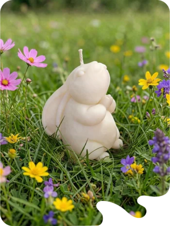 Bougie décorative en forme de lapin blanc posée dans l’herbe parmi des fleurs printanières.