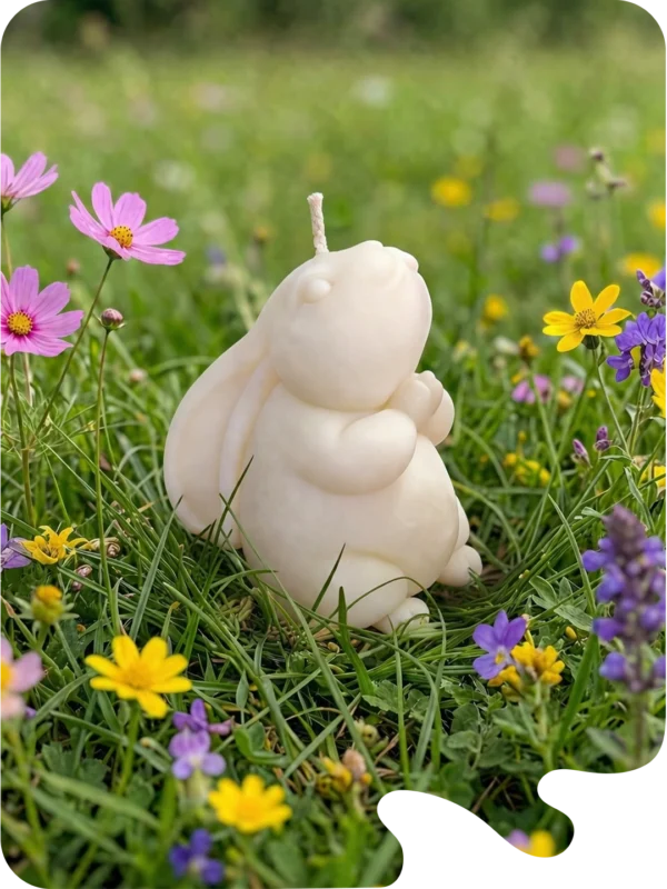 Bougie décorative en forme de lapin blanc posée dans l’herbe parmi des fleurs printanières.