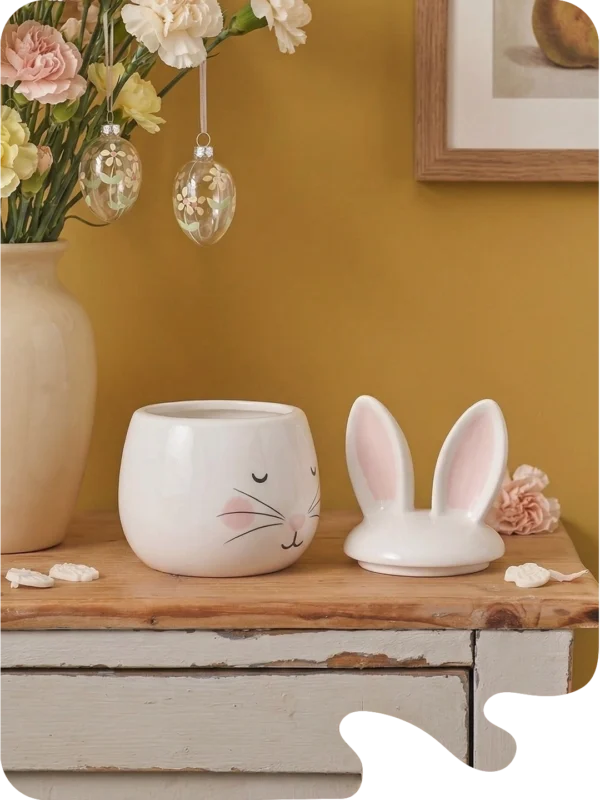 Brûle-parfum en céramique en forme de lapin blanc avec oreilles roses, ambiance déco printanière.