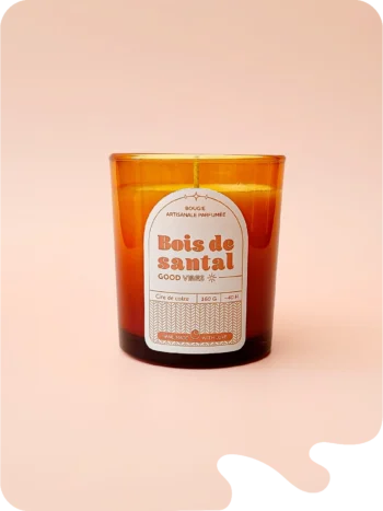 Bougie parfumée Bois de Santal en verre ambré, cire de colza 160 g, fabrication artisanale, parfum boisé.