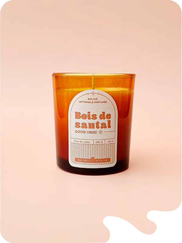 Bougie parfumée Bois de Santal en verre ambré, cire de colza 160 g, fabrication artisanale, parfum boisé.
