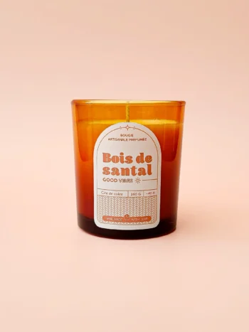 Bougie parfumée Bois de Santal en verre ambré, cire de colza 160 g, fabrication artisanale, parfum boisé.