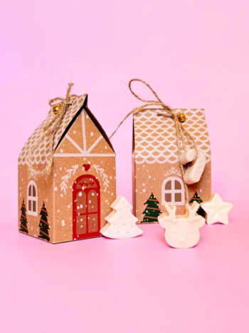 Pack 5 Fondants Parfumés de Noël - Cire de colza naturelle | Crème Brûlée Pack de 5 fondants parfumés en forme de sapin, étoile et renne, présentés dans des maisons en carton décorées pour Noël.